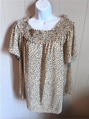 ADORA Cream and Black Smocked Off-Shoulder Dot Blouse